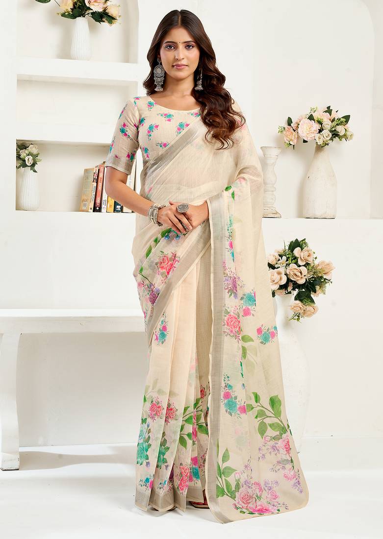 Cream digital printed linen ready to wear designer saree with unstitched blouse