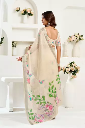 Cream digital printed linen ready to wear designer saree with unstitched blouse