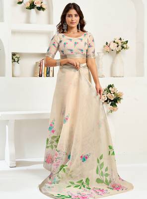 Cream digital printed linen ready to wear designer saree with unstitched blouse 5