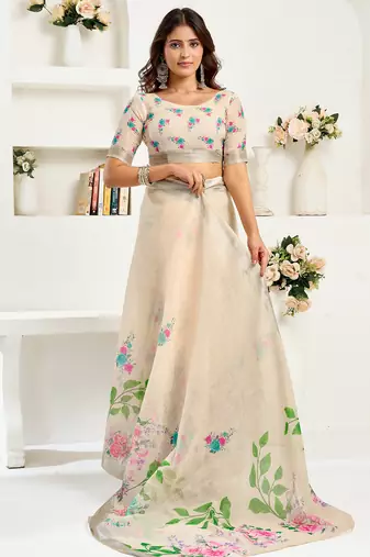 Cream digital printed linen ready to wear designer saree with unstitched blouse