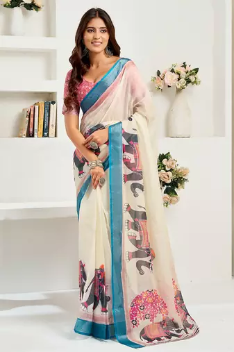 Cream digital printed linen ready to wear designer saree with unstitched blouse