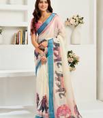 Cream digital printed linen ready to wear designer saree with unstitched blouse