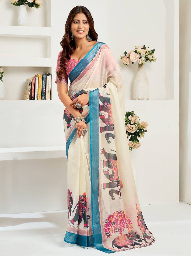 Cream digital printed linen ready to wear designer saree with unstitched blouse