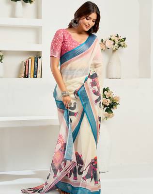 Cream digital printed linen ready to wear designer saree with unstitched blouse 3