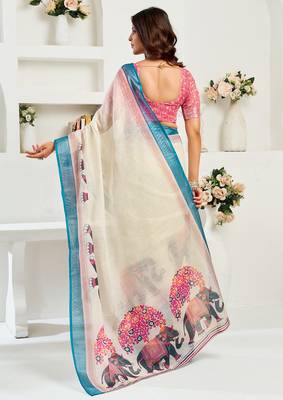 Cream digital printed linen ready to wear designer saree with unstitched blouse 4