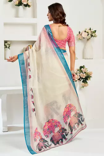 Cream digital printed linen ready to wear designer saree with unstitched blouse
