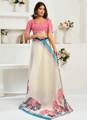 Cream digital printed linen ready to wear designer saree with unstitched blouse 5