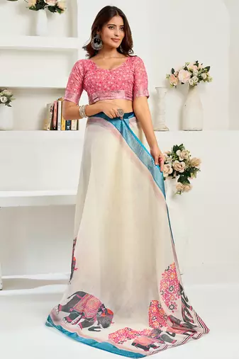Cream digital printed linen ready to wear designer saree with unstitched blouse