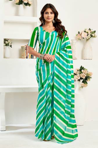 Green digital printed linen ready to wear designer saree with unstitched blouse