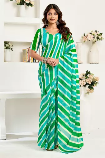 Green digital printed linen ready to wear designer saree with unstitched blouse
