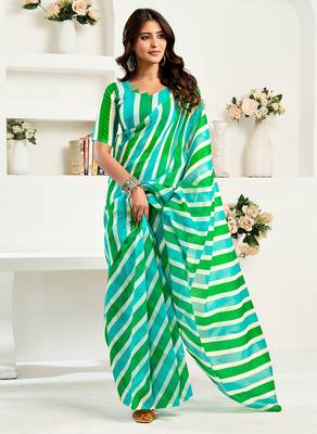 Green digital printed linen ready to wear designer saree with unstitched blouse 3