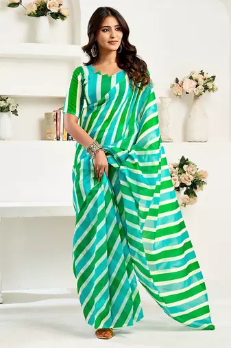Green digital printed linen ready to wear designer saree with unstitched blouse