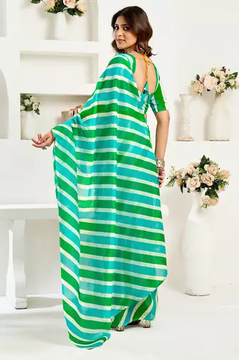 Green digital printed linen ready to wear designer saree with unstitched blouse