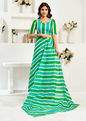 Green digital printed linen ready to wear designer saree with unstitched blouse 5