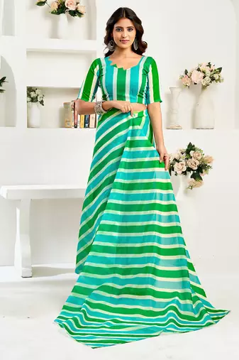 Green digital printed linen ready to wear designer saree with unstitched blouse