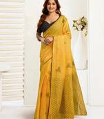 Mustard digital printed linen ready to wear designer saree with unstitched blouse
