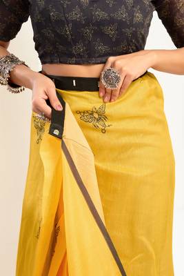 Mustard digital printed linen ready to wear designer saree with unstitched blouse 2