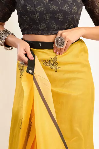 Mustard digital printed linen ready to wear designer saree with unstitched blouse