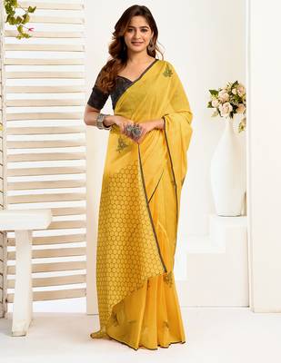Mustard digital printed linen ready to wear designer saree with unstitched blouse 3