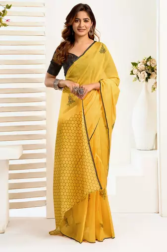 Mustard digital printed linen ready to wear designer saree with unstitched blouse