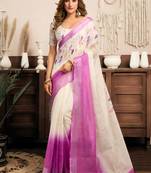 White lavender digital printed linen ready to wear designer saree with unstitched blouse