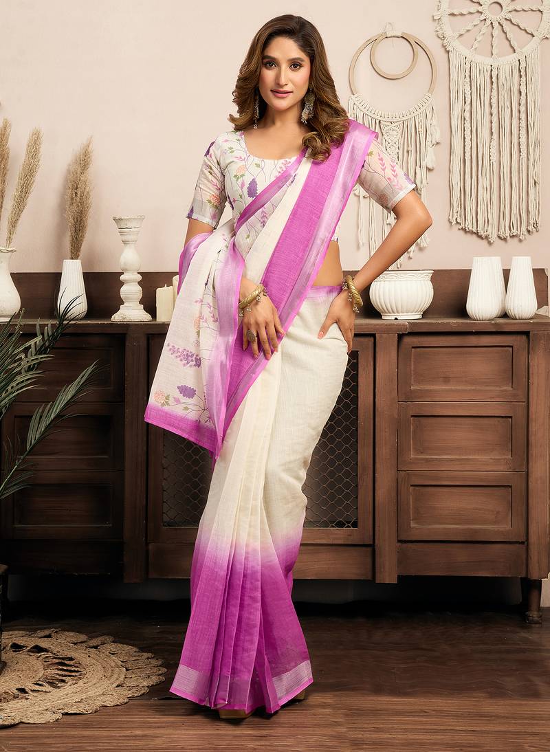 White lavender digital printed linen ready to wear designer saree with unstitched blouse