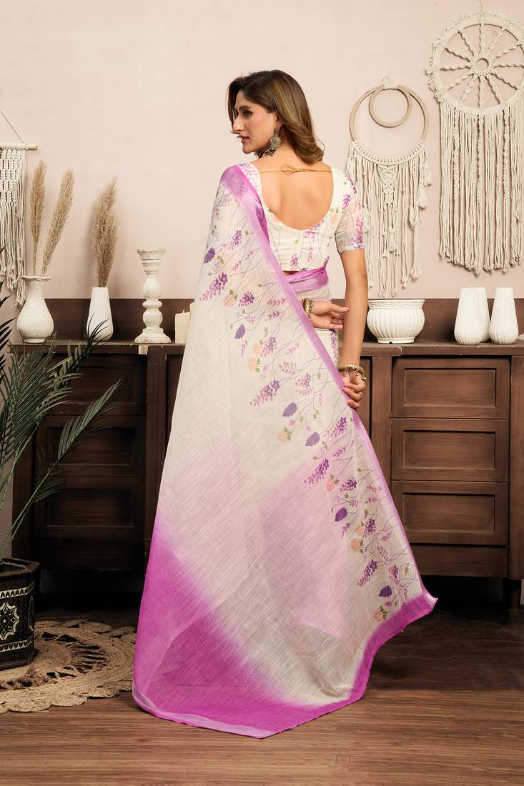 White lavender digital printed linen ready to wear designer saree with unstitched blouse
