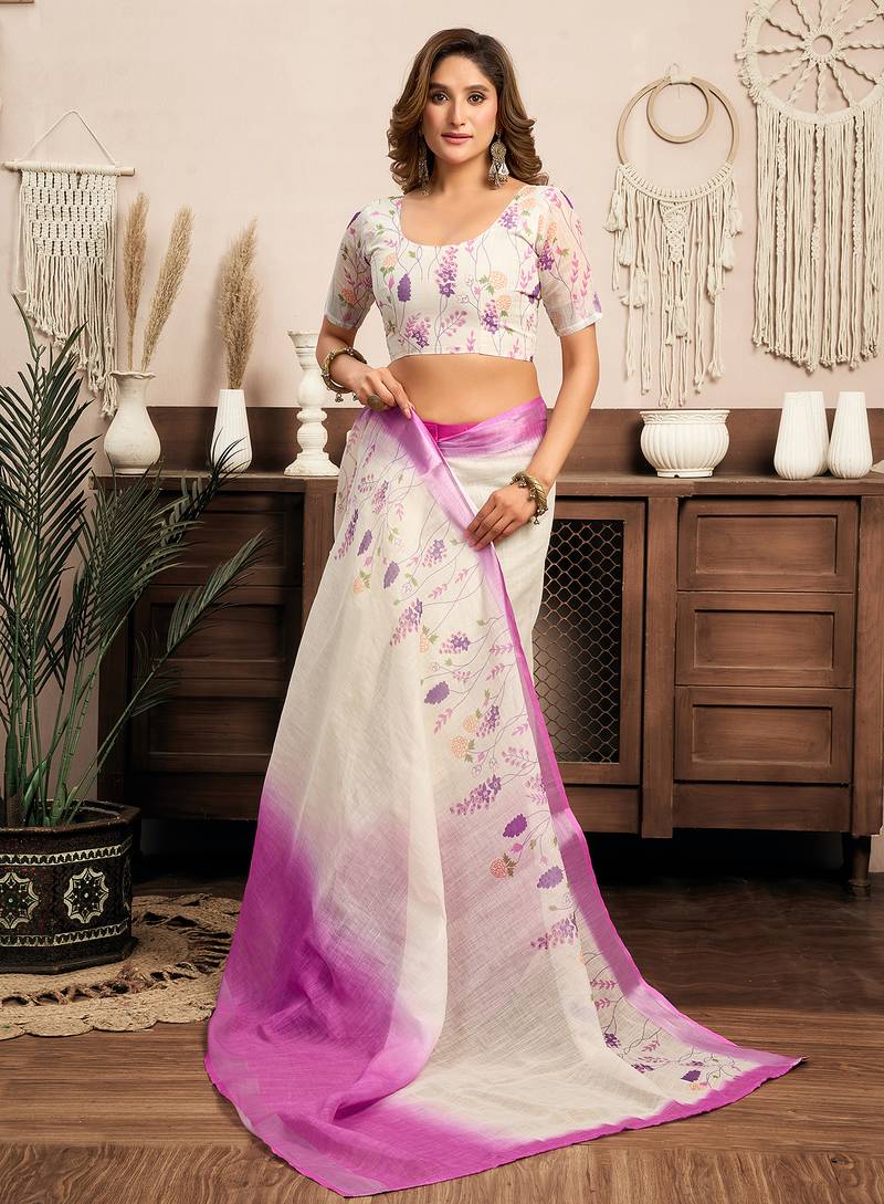 White lavender digital printed linen ready to wear designer saree with unstitched blouse