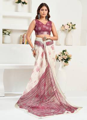 White maroon digital printed linen ready to wear designer saree with unstitched blouse 5