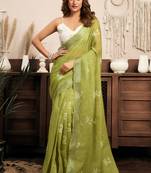 Mehendi digital printed linen ready to wear designer saree with unstitched blouse