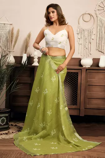 Mehendi digital printed linen ready to wear designer saree with unstitched blouse