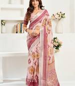 White maroon digital printed linen ready to wear designer saree with unstitched blouse