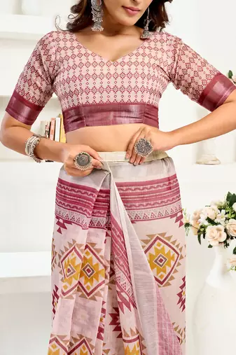 White maroon digital printed linen ready to wear designer saree with unstitched blouse