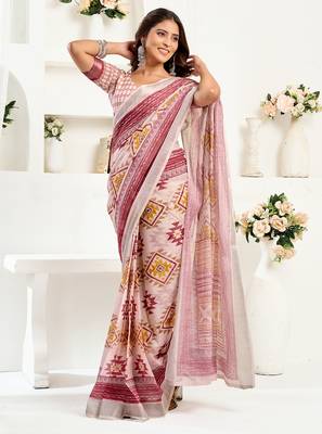 White maroon digital printed linen ready to wear designer saree with unstitched blouse 3