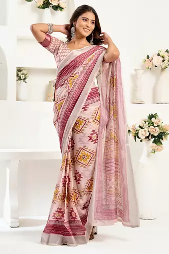 White maroon digital printed linen ready to wear designer saree with unstitched blouse