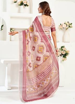White maroon digital printed linen ready to wear designer saree with unstitched blouse 4