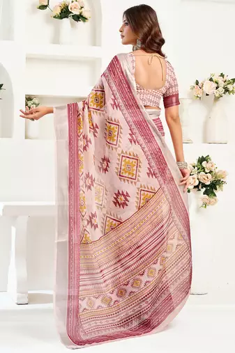 White maroon digital printed linen ready to wear designer saree with unstitched blouse