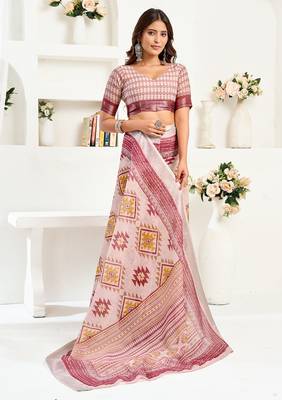 White maroon digital printed linen ready to wear designer saree with unstitched blouse 5