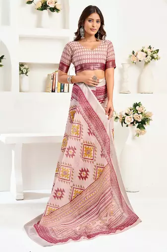 White maroon digital printed linen ready to wear designer saree with unstitched blouse