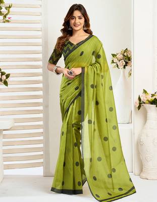 Olive digital printed linen ready to wear designer saree with unstitched blouse 1