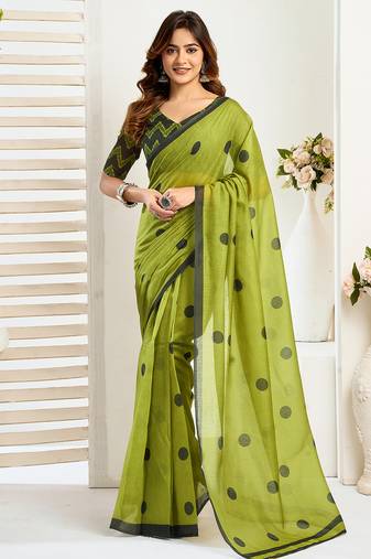 Olive digital printed linen ready to wear designer saree with unstitched blouse