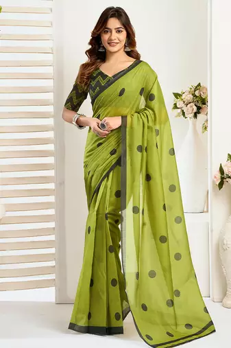 Olive digital printed linen ready to wear designer saree with unstitched blouse