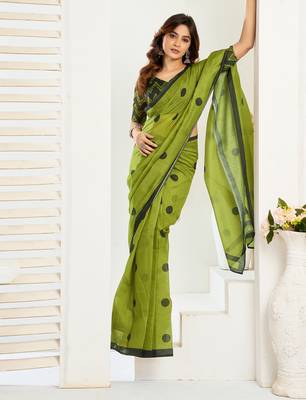 Olive digital printed linen ready to wear designer saree with unstitched blouse 3
