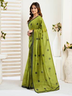 Olive digital printed linen ready to wear designer saree with unstitched blouse 4