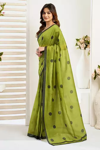 Olive digital printed linen ready to wear designer saree with unstitched blouse