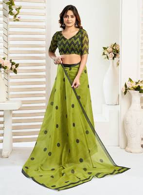 Olive digital printed linen ready to wear designer saree with unstitched blouse 5