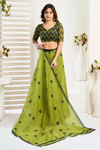 Olive digital printed linen ready to wear designer saree with unstitched blouse