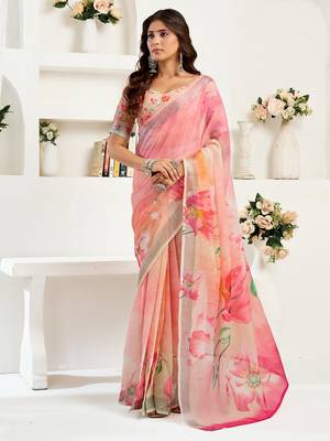 Peach digital printed linen ready to wear designer saree with unstitched blouse 1