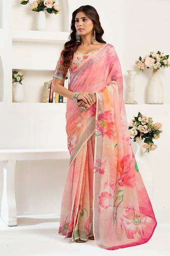 Peach digital printed linen ready to wear designer saree with unstitched blouse