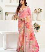 Peach digital printed linen ready to wear designer saree with unstitched blouse